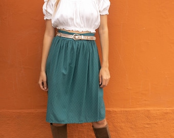 Vintage green midi skirt with flower print,  High waist  summer skirt, XL