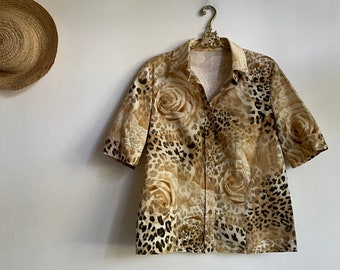 Vintage leopard pattern floral women's blouse, 80s patterned retro shirt, floral button up shirt, Vintage romantic top, Panther shirt