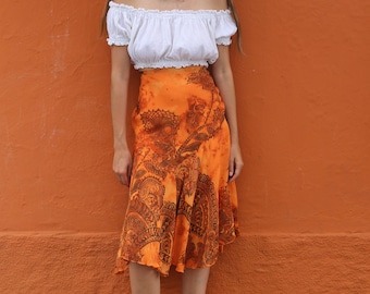 Falda boho naranja vintage, falda de verano floral ligera de gran altura