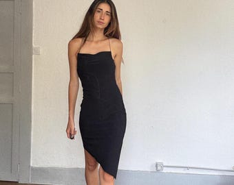 Y2K black asymmetric midi dress femme fatale strappy party look, Size L