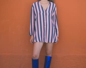 Vintage pink striped oversize shirt, Cute shirtdress