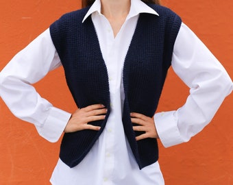 Vintage Hand-Knit Navy Blue Sleeveless Cardigan