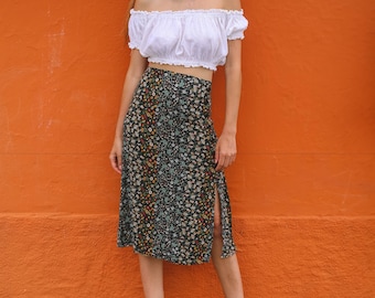 Falda midi floral de cintura alta vintage con abertura lateral, S