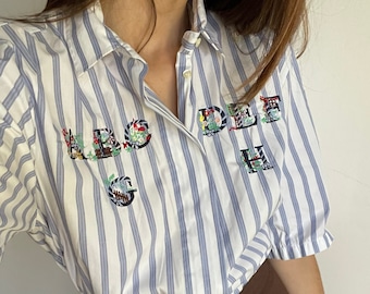 A B C teacher shirt, Blue and white striped vintage woman blouse, Cotton button up shirt, Embroidered retro clothing, Oversized blouse