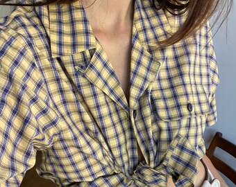 Vintage plaid woman blouse, Comfortable cotton summer shirt, Light Academia blouse, Cute oversized shirt, Prairie blouse S