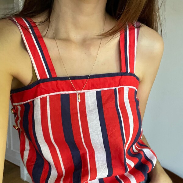 Mirta Del Pineto Linen tank, Vintage Italian Designer top, 4th of July top, Red white and Blue tank, Boxy tank top, Striped tank top