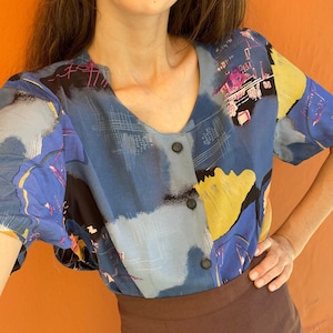 Vintage 80er Jahre Damen Bluse Oversized Retro Shirt Abstrakt Bunt Muster Loose Fit DE 40 L