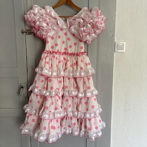 True vintage Spanish flamenco dress by Mari Cruz Sevilla – pink polka dot ruffle dress for petite adult or child, feria showpiece, Size XXS