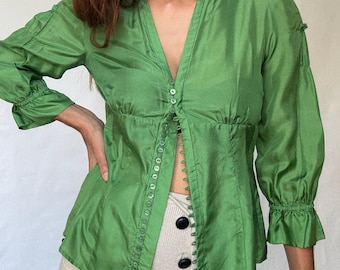 Bluzka Fairycore Green Silk – Cottage Babe Energy, rozmiar S