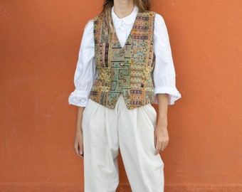 Italian Silk Tapestry Vest, Women gilet, Sleeveless jacket, Vintage light academia waistcoat, Bohemian smart clothing