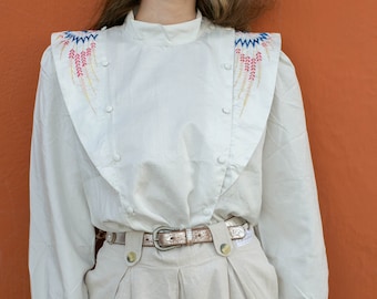 80s vintage woman blouse with shoulders, Bohemian Embroidered Blouse, Statement piece button up top, Vintage woman clothing