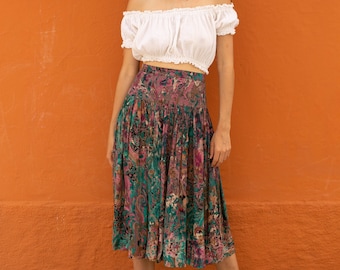 Gonna vintage Boho a vita alta con tavolozza verde intenso e bordeaux, gonna da festival hippie fatta a mano, S