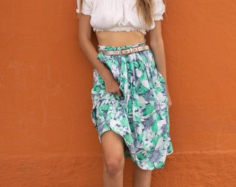 Vintage floral cotton midi skirt, Blue and green cottage core skirt, High rise summer outfit