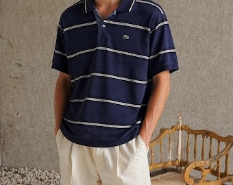 Polo de algodón a rayas azul marino Lacoste vintage de lujo, ropa de marca para hombre, talla 5
