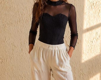 Vintage Black Sheer Turtleneck Bodysuit, Sweetheart Bust, Long Sleeve Dance Top