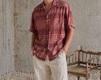 Camisa vintage de hombre 100 % seda con botones, camisa bohemia floral de verano, talla L