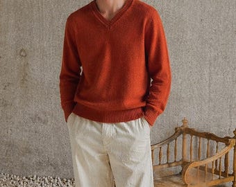 Jersey vintage de lana color naranja quemado, estilo retro de los años 70 para hombre, ropa de invierno con estilo, talla XXL