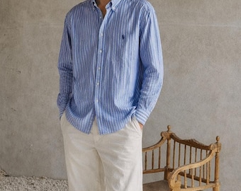 Camicia vintage Polo Ralph Lauren a righe in cotone, blu chiaro/blu navy, vestibilità preppy