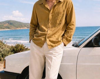 Camicia vintage in seta dorata, elegante da uomo con bottoni, perfetta per Natale, taglia L