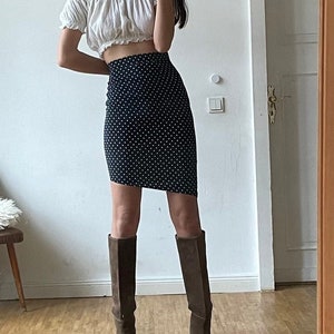 Dotted asymmetrical high waist midi skirt, French Parisian style high rise summer skirt, 1980s Pencil skirt, Vintage women clothing,