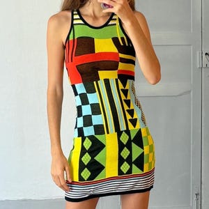 Vintage Colourful mini dress, Vibrant pop of colour bold geometric tight dress,  Retro aesthetic mini outfit, Size XS
