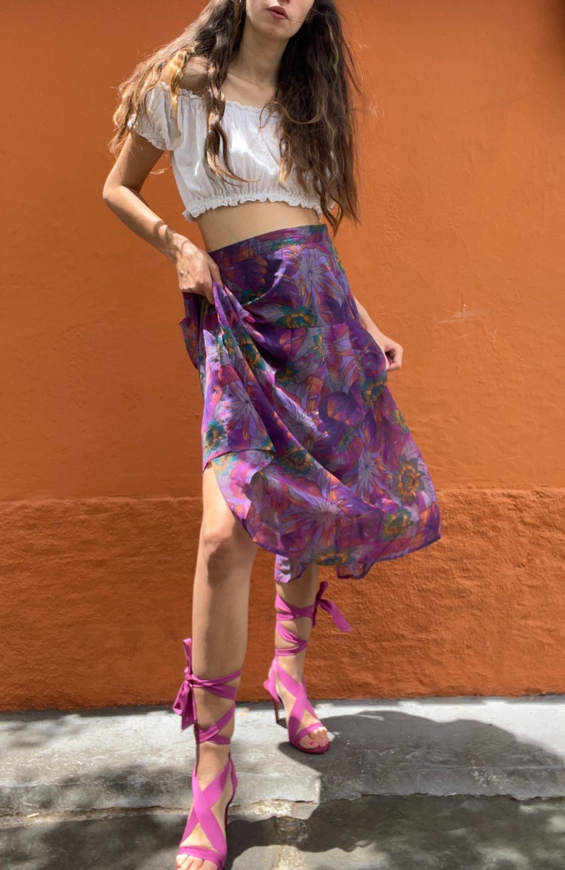 Long high waist summer skirt, Vintage purple floral feminine skirt, Long elegant skirt, True vintage Maxi skirt image 4