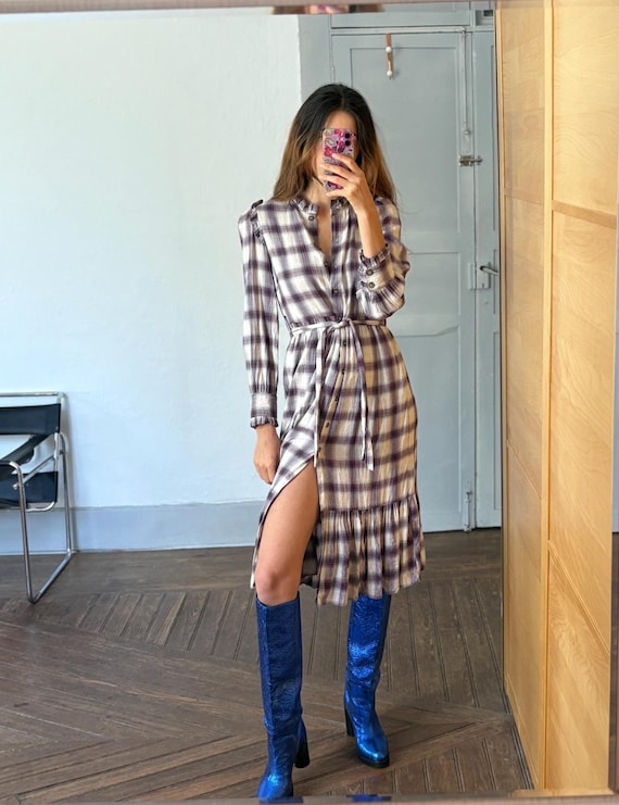 designer plaid dress RED PLAID WOVEN LONG SHIRT DRESS  Zonya Campbell