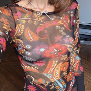 Vintage SHEER long sleeve top, Sexy autumn floral mesh shirt, See through Say t shirt, Size S