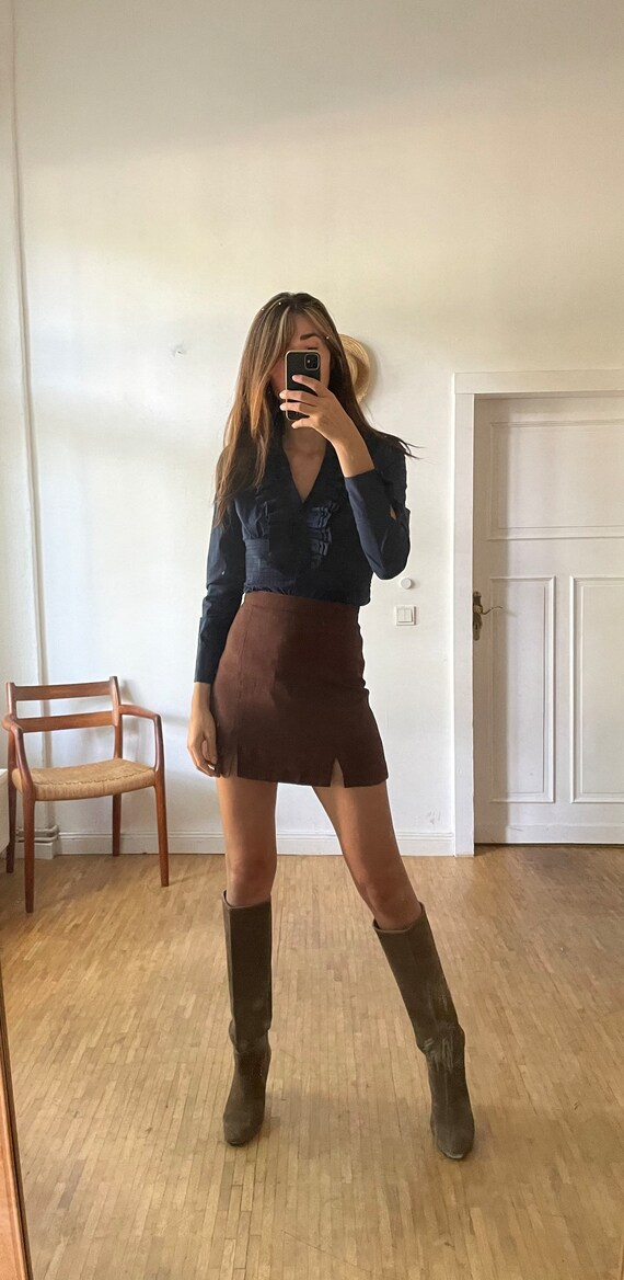 Elegant ruffled bodysuit with long sleeves, Dark blue… Gem