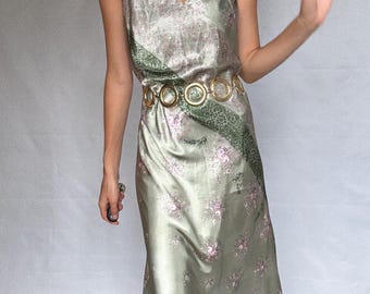 Vintage green and pink satin slip dress, floral paisley pattern,US M