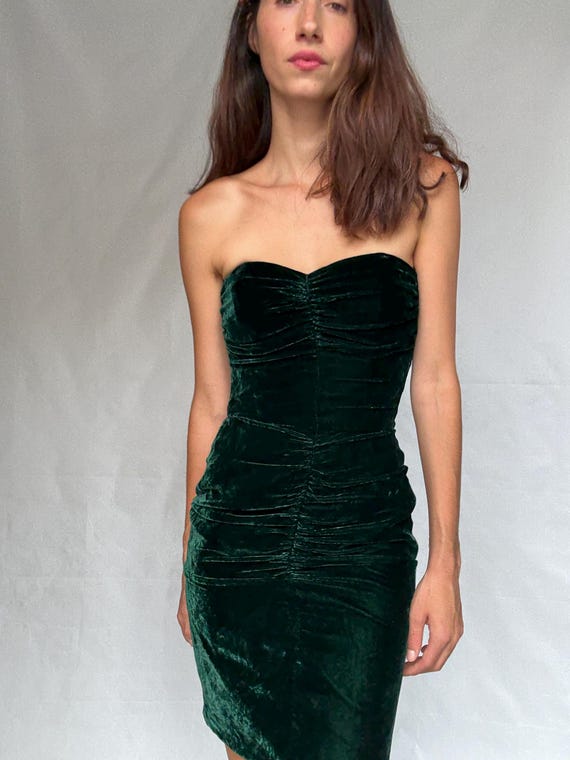 Deep Green Velvet Bustier Dress, Christina Stawboliey, Vintage XS