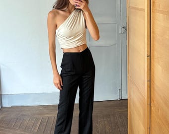 pantalon noir italien vintage à fines rayures, pantalon droit taille haute, taille s