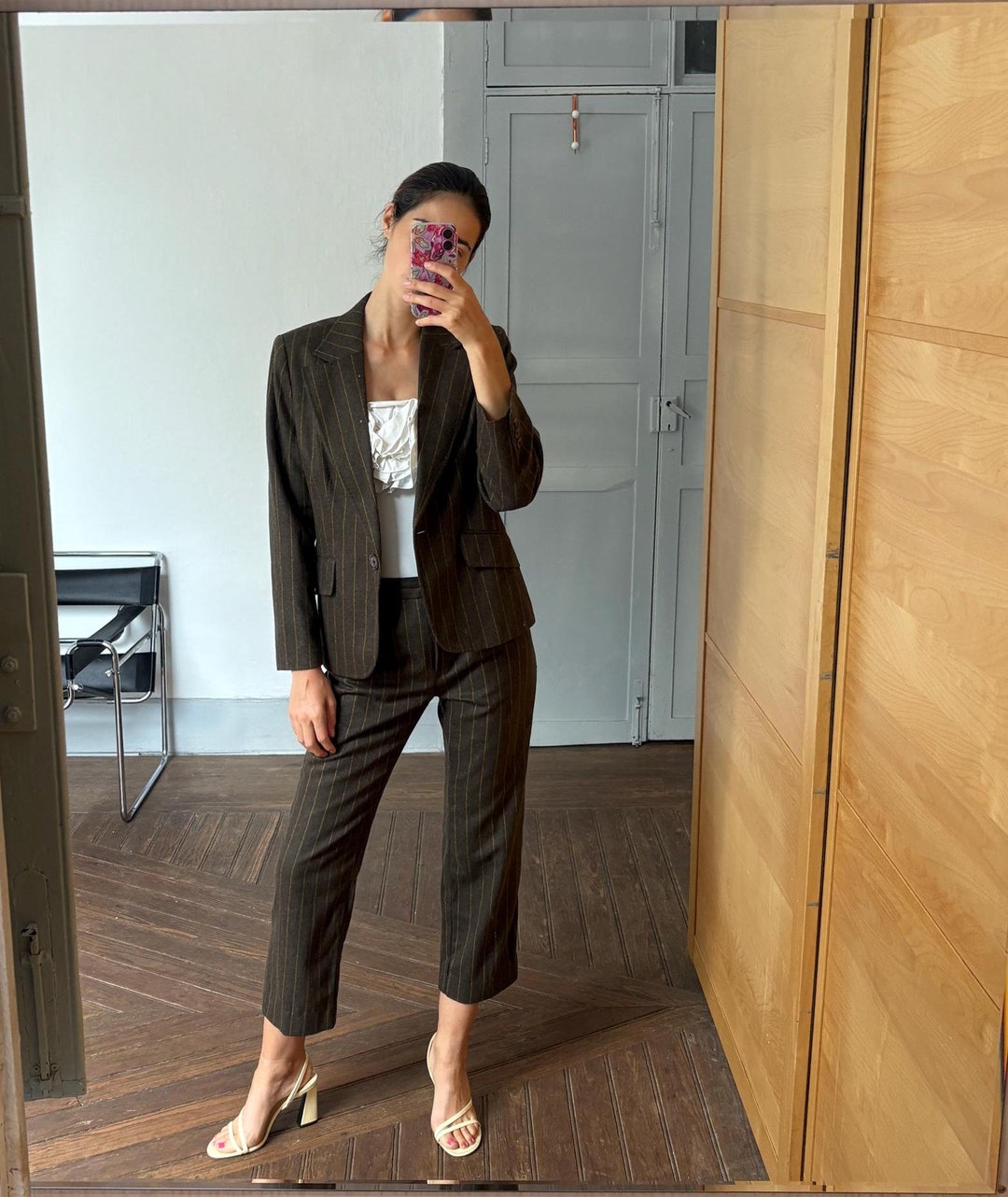 Vintage Two Piece Woman Suit, Retro Wool Striped Blazer and Pants, Dark ...