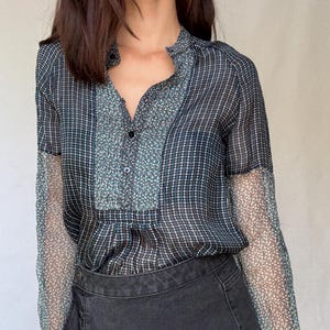 Sheer silk blouse with mixed floral and check pattern – See through luxury long sleeve airy shirt, Size M-L