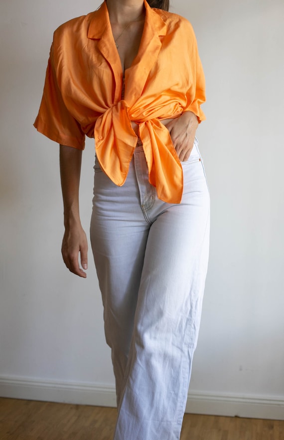 Vintage orange blouse, silk shirt, 80s top, oversi