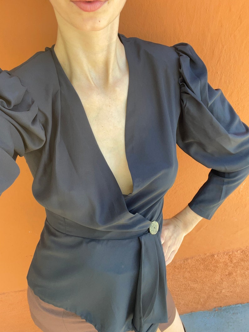 Elegant black vintage woman blouse, Formal cocktail top, 80s design clothing, Padded shoulder eye-catcher shirt, Deep v neck tunic image 6