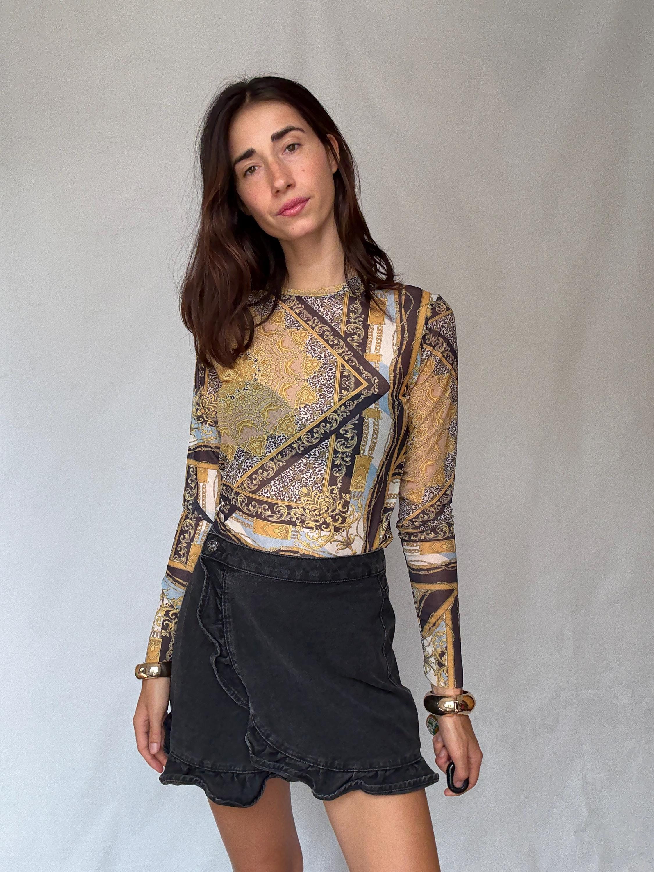 Y2K Sheer Baroque Print Mesh Long Sleeve Women's Top – Gold Black