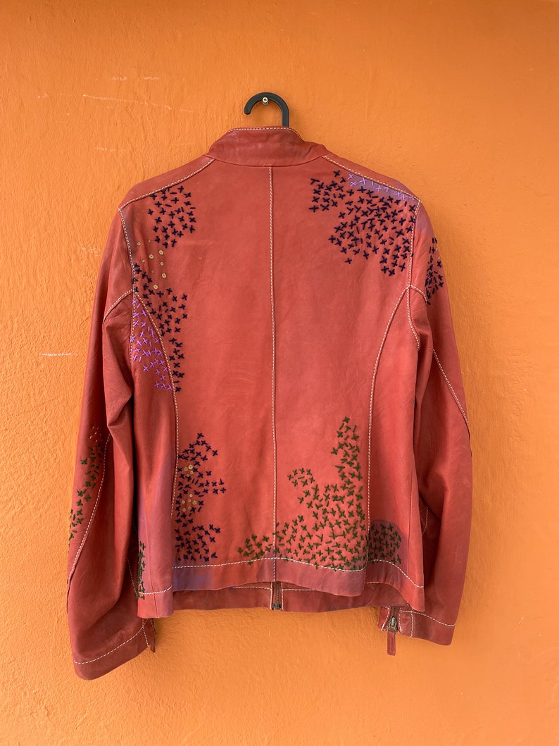 Red leather biker jacket, Hippie boho embroidered leather jacket by Sominemi, Vintage designer jacket image 9