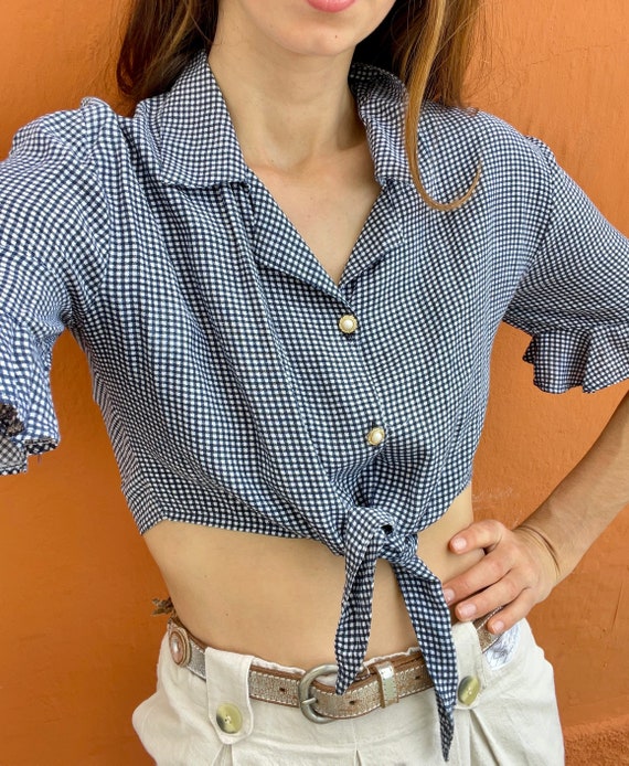 Vintage gingham cropped summer blouse, Knot tie s… - image 6