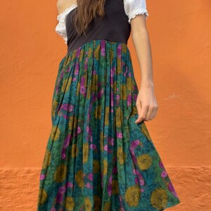 Vintage Multipurpose skirt and dress, Colourful true retro maxi skirt. Green purple elastic skirt with flower print, High waist summer skirt image 2