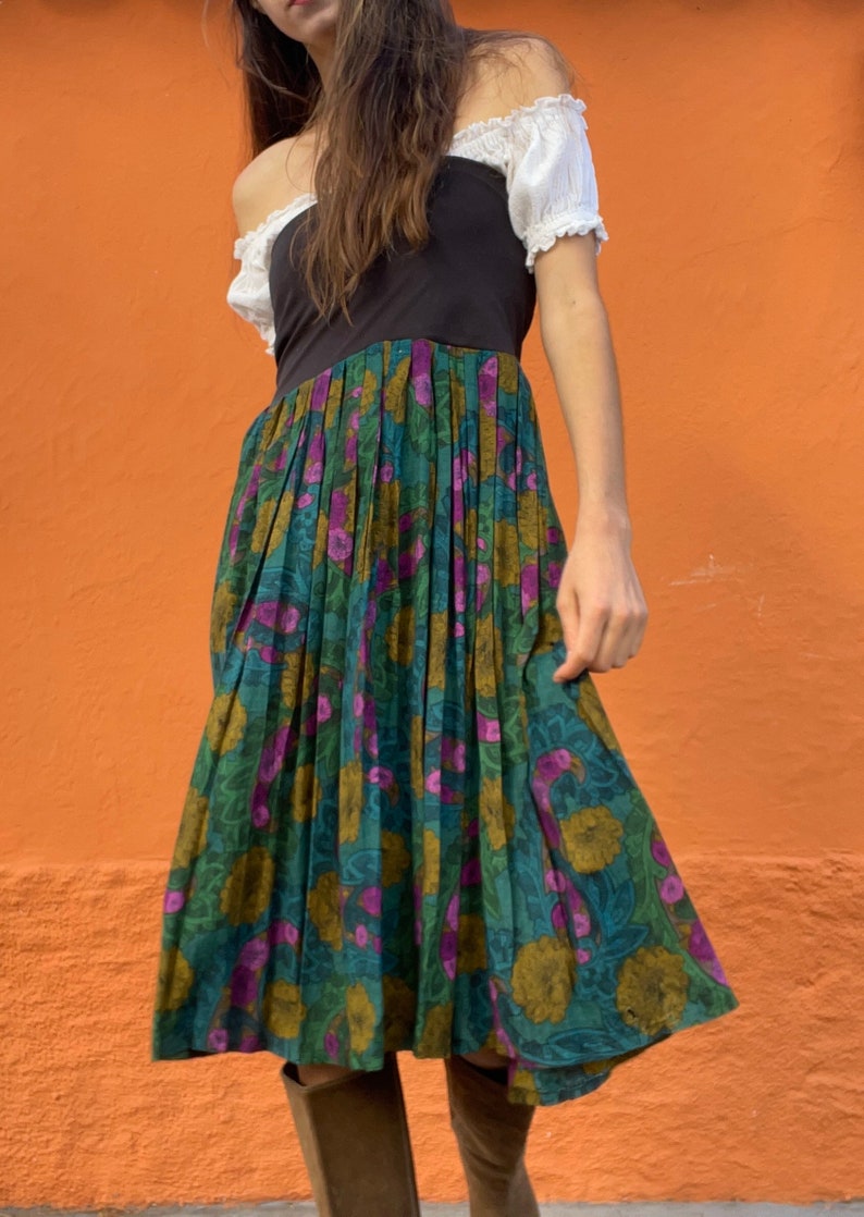 Vintage Multipurpose skirt and dress, Colourful true retro maxi skirt. Green purple elastic skirt with flower print, High waist summer skirt image 2