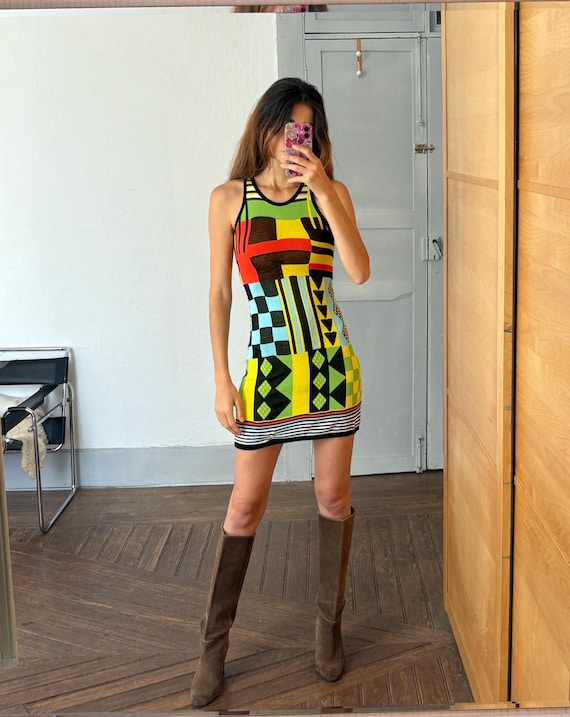 bright colored short dresses Colourful Mini Dress, Vibrant Bold Geometric Tight Dress, Retro Outfit,  Size XS