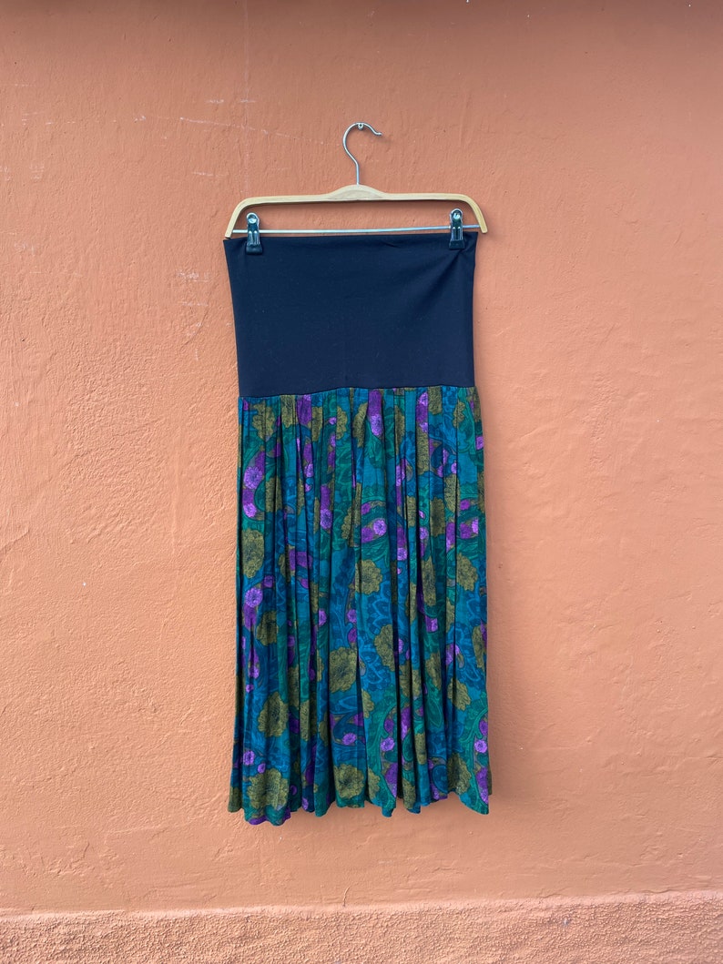 Vintage Multipurpose skirt and dress, Colourful true retro maxi skirt. Green purple elastic skirt with flower print, High waist summer skirt image 7