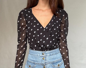 1980s Vintage Mary Quant Blue Bodysuit With Black Polka Dots