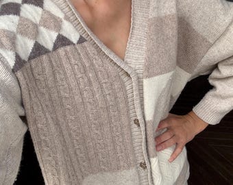 Vintage Patchwork Wool Cardigan | Lambswool Angora Blend | Soft Neutrals