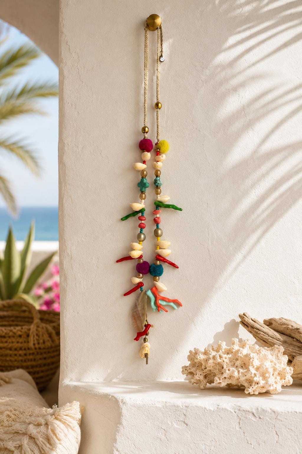 Colorful Boho Necklace, Shell Coral Pendant, Festival Jewelry