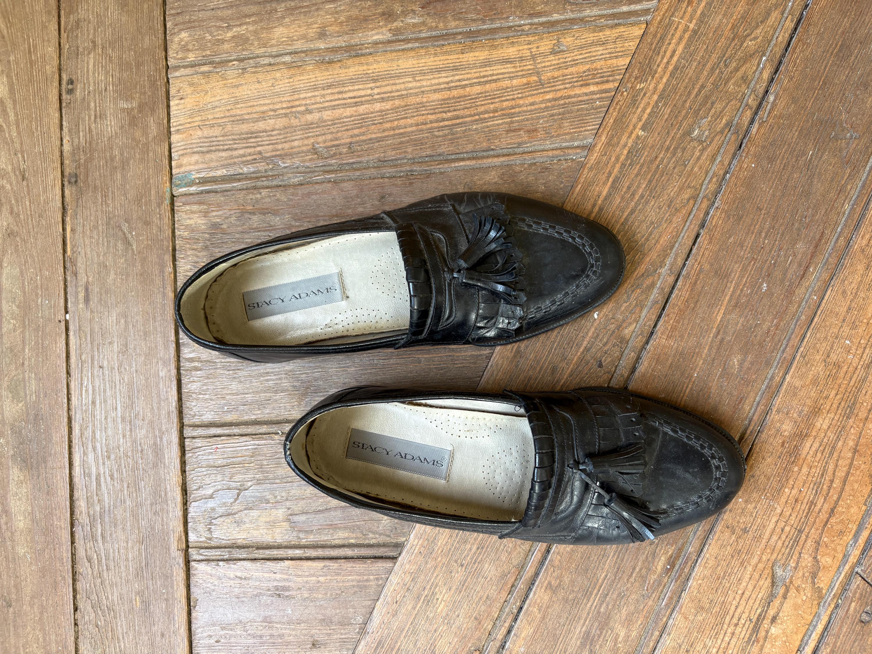 Men Vintage Leather Black Tassell Loafers By Stacy Adams Size 8M Stacy Adams Mens 9.5M Black Leather Kiltie Tassel Loafers  main image 2