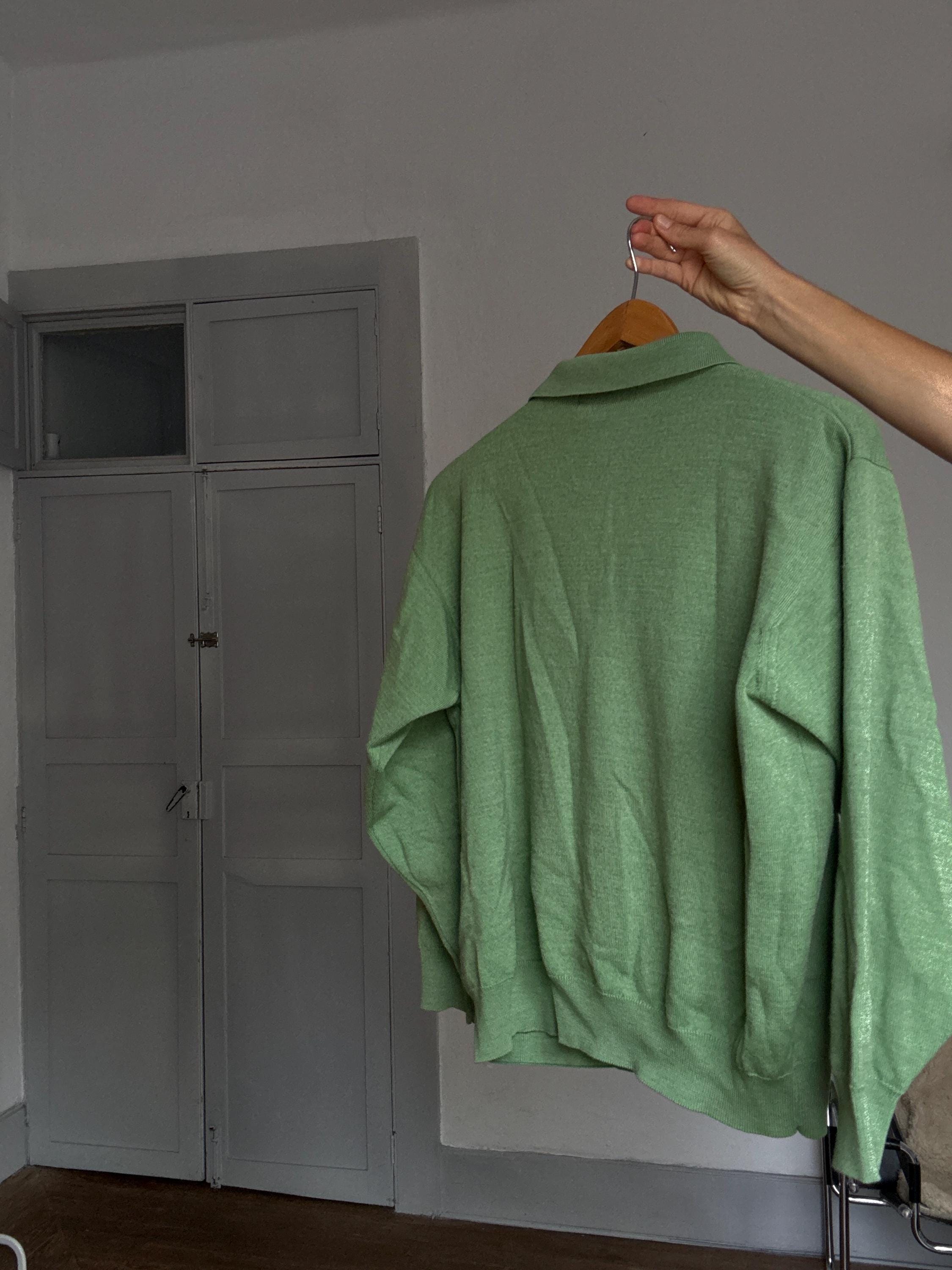 Vintage Green Burberry London Merino Wool Polo Collar Pullover