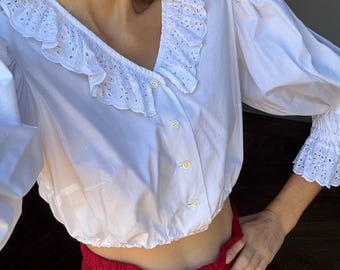 White Cotton Vintage Blouse, Eyelet Puff Sleeve Crop Top