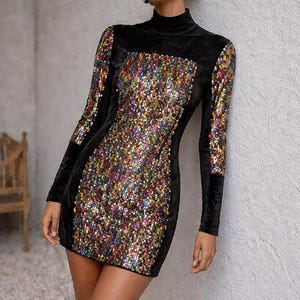 knee length dresses for ladies The Natalie Long Sleeved Criss Cross Sequin Turtleneck Dress Black – ShopAA main image 1